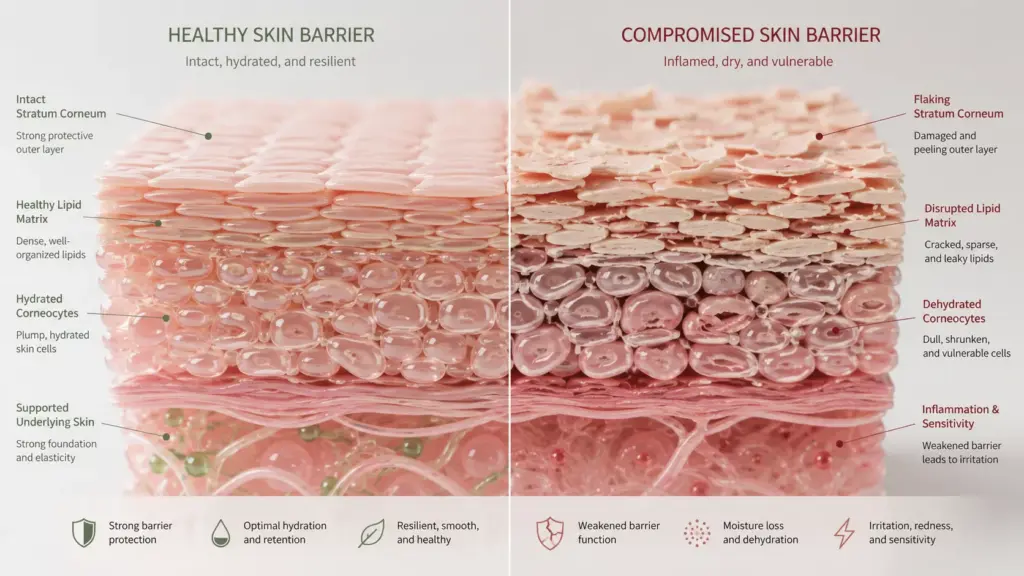 K-Beauty Bakuchiol Benefits: The Ultimate Glass Skin Blueprint for Reactive Skin 1 A detailed 3D skin barrier matrix diagram illustrating how to optimize K-Beauty Bakuchiol Benefits for a compromised stratum corneum.