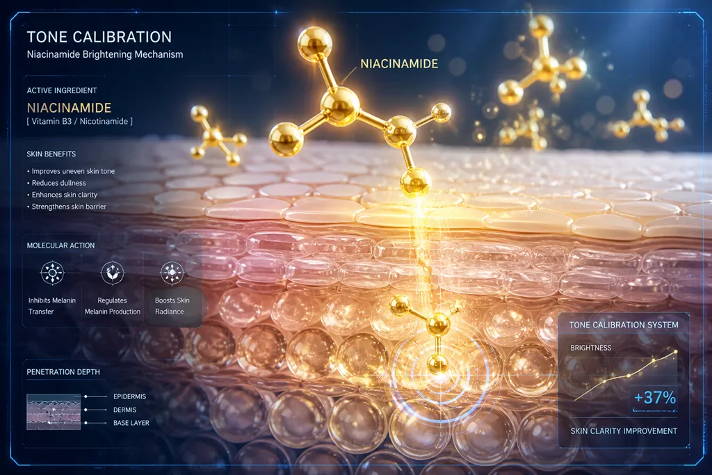 K-Beauty Niacinamide Benefits: The Technical Guide to Mastering Glass Skin 1 Scientific 3D illustration of K-Beauty Niacinamide Benefits calibrating skin tone by inhibiting melanin transfer.
