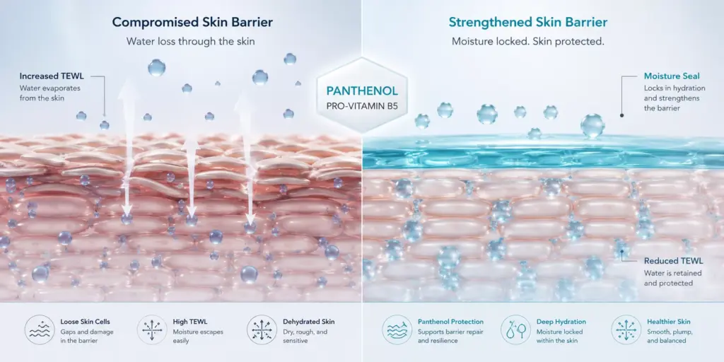 K-Beauty Panthenol Benefits: The Ultimate High-Tech Moisture Sealant for Skin Barrier Repair 1 A microscopic 3D diagram showing how K-Beauty Panthenol Benefits lock moisture inside the skin cells and prevent trans-epidermal water loss.
