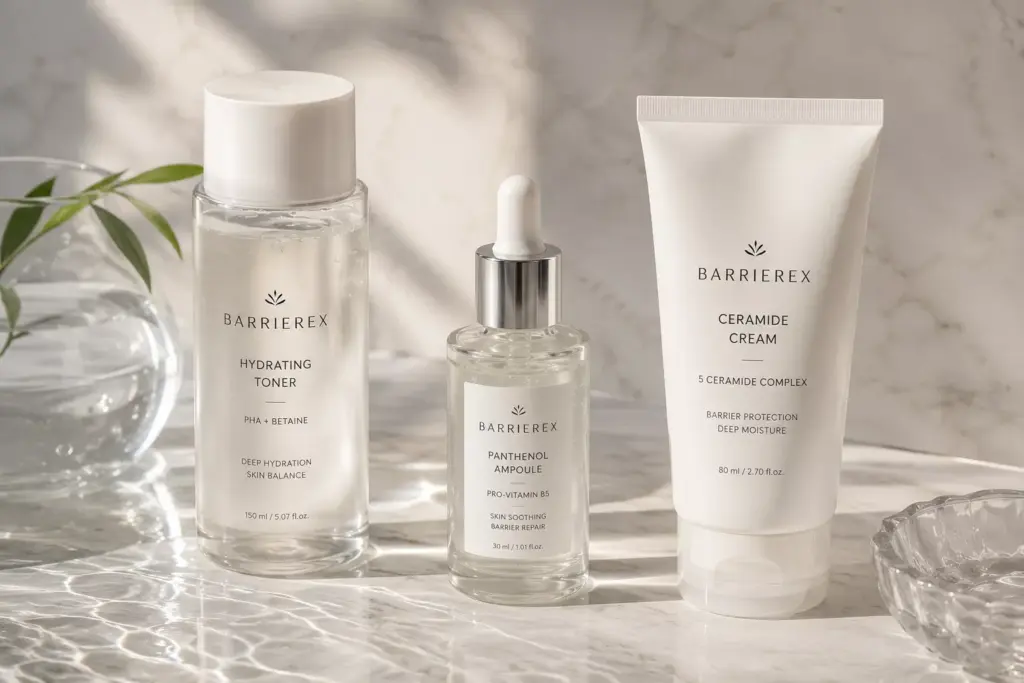 K-Beauty Panthenol Benefits: The Ultimate High-Tech Moisture Sealant for Skin Barrier Repair 2 An aesthetic flatlay of Korean skincare products highlighting K-Beauty Panthenol Benefits next to hyaluronic acid and ceramides.