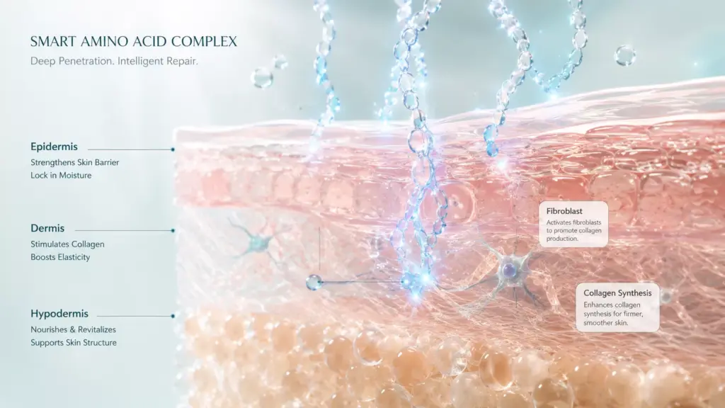 The Science of Bounce: Why K-Beauty Peptides Benefits Are the Ultimate Reset for Tired 20-and-30-Something Skin 1 A scientific diagram illustrating K-Beauty Peptides Benefits as amino acid chains acting as cellular messengers to trigger collagen synthesis in fibroblasts.