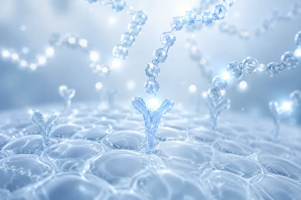 K-Beauty Peptides Benefits: Glass Skin Guide 1 Scientific 3D rendering of K-Beauty Peptides Benefits illustrating how amino acid chains signal collagen production for firmer skin.
