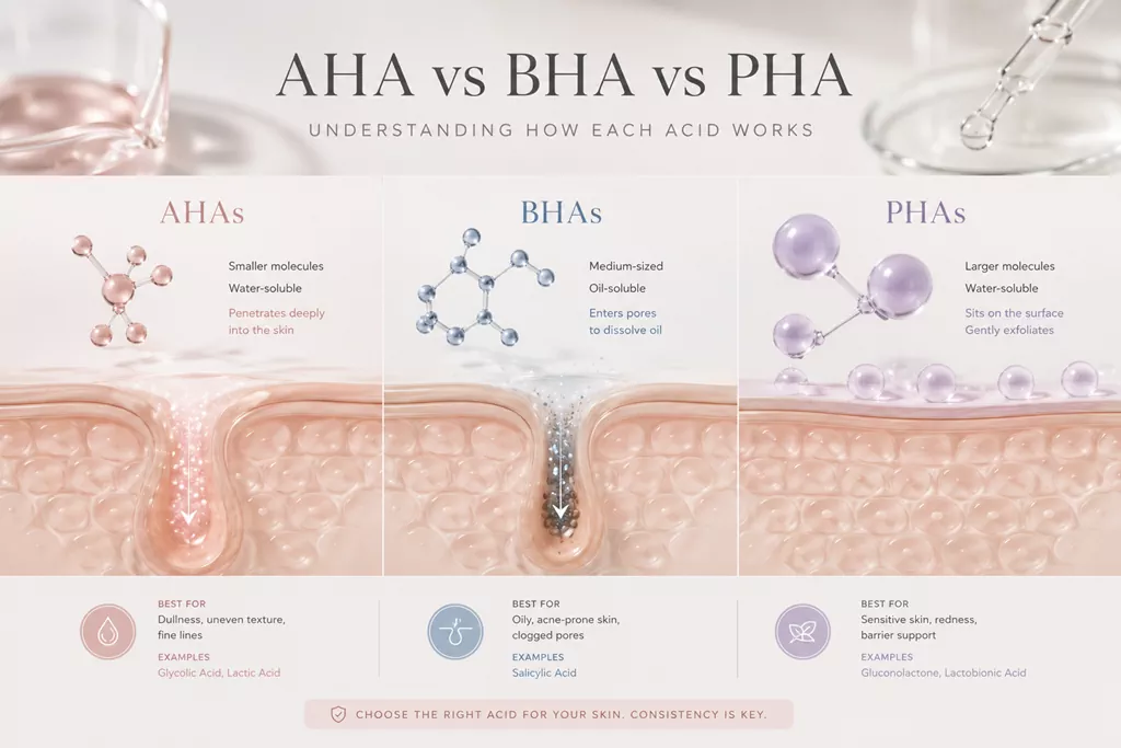 PHAs vs AHAs BHAs: The 2026 Guide to Gentle Exfoliation for Sensitive Skin 1 An infographic visualizing the scientific comparison of PHAs vs AHAs BHAs, showing how molecular size affects skin penetration and irritation for sensitive skin.