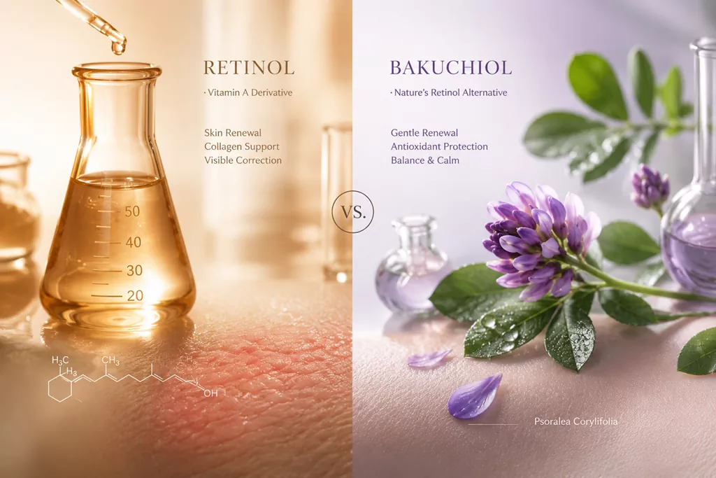 Retinol vs. Bakuchiol: The 2026 Verdict for Sensitive Skin Anti-Aging 1 A detailed visual comparison infographic for the Retinol vs. Bakuchiol ingredient audit, highlighting sensitivity differences.