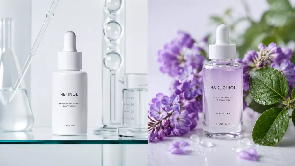 A high-end editorial split visual comparing Retinol vs. Bakuchiol for sensitive skin anti-aging and barrier protection.