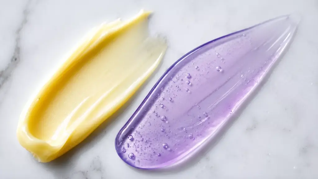 Retinol vs. Bakuchiol: The Ultimate 2026 Guide for Sensitive Skin Anti-Aging 3 Two elegant serum swatches on a clean marble surface demonstrating a personalized Retinol vs. Bakuchiol skincare routine.
