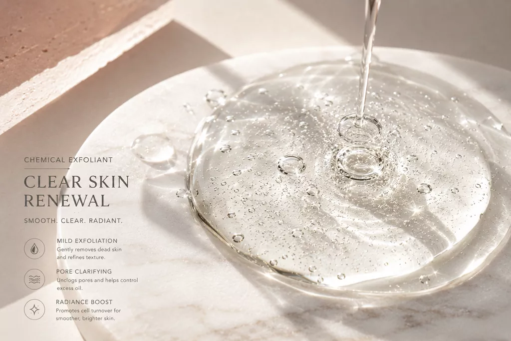 AHA vs BHA vs PHA: The 2026 Exfoliation Audit for Sensitive Subuji Skin 1 A premium K-beauty cosmetic visual demonstrating a clear, watery chemical exfoliant fluid to represent the technical science of AHA vs BHA vs PHA.