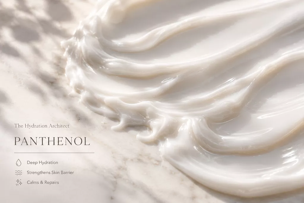 Centella vs Panthenol: The 2026 Molecular Audit for a "Flaming" Skin Barrier 2 An ultra-close-up of a rich Panthenol cream texture on a minimalist surface, proving the structural healing synergy of Centella vs Panthenol.
