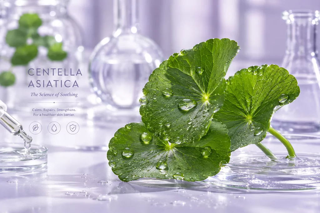 Centella vs Panthenol: The 2026 Molecular Audit for a "Flaming" Skin Barrier 1 A professional K-beauty macro shot showcasing Centella Asiatica leaves for an emergency skin barrier audit, comparing Centella vs Panthenol efficacy.