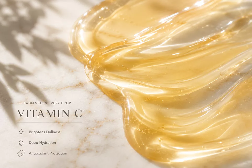 Niacinamide vs Vitamin C: The 2026 Radiance Audit for Sensitive Subuji Skin 2 An ultra-close-up of a vibrant, golden-tinged Vitamin C fluid on a sleek surface, demonstrating the bright radiance synergy of Niacinamide vs Vitamin C.