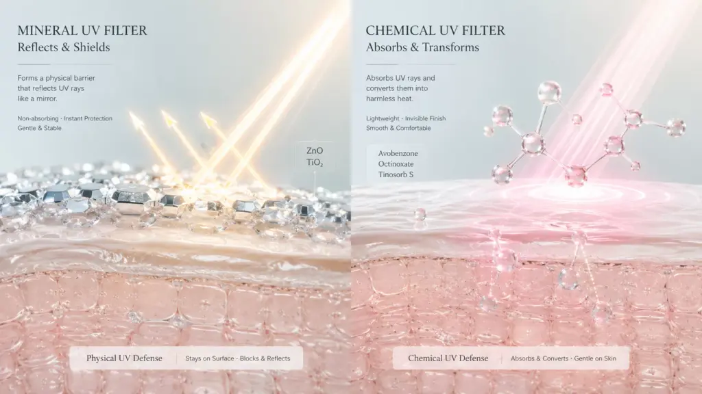 Physical vs Chemical Sunscreen: The Ultimate UV Shield Audit for Sensitive Subuji Skin 1 A scientific diagram demonstrating the mechanical difference between Physical vs Chemical Sunscreen filters on the skin matrix.