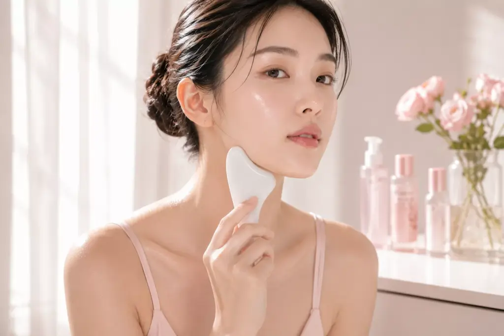 A young woman gently performing a K-Beauty Gua Sha routine along her jawline using a smooth porcelain tool.