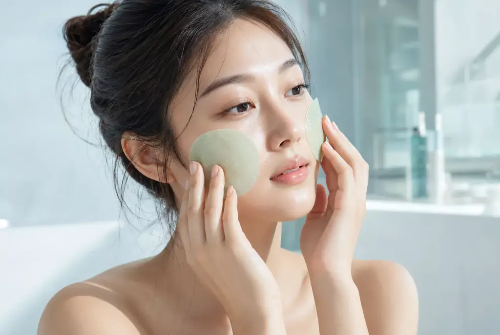K-Beauty Ice Toning Routine: How to De-Puff Skin Without Barrier Damage 2 A young woman applying chilled toner pads during her K-Beauty Ice Toning Routine for glass skin.
