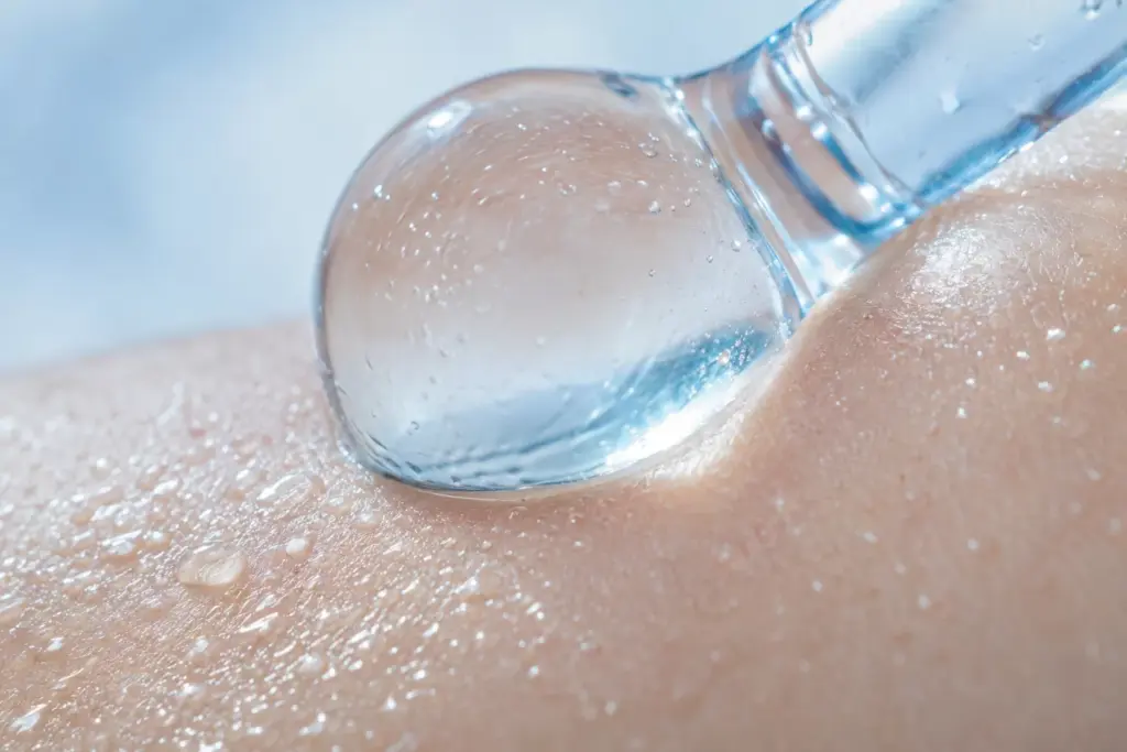 K-Beauty Ice Toning Routine: How to De-Puff Skin Without Barrier Damage 3 A refrigerated glass cryo tool gliding over hydrated skin during a K-Beauty Ice Toning Routine