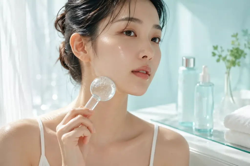 A young woman performing a gentle K-Beauty morning de-puffing routine using a cooling facial globe.