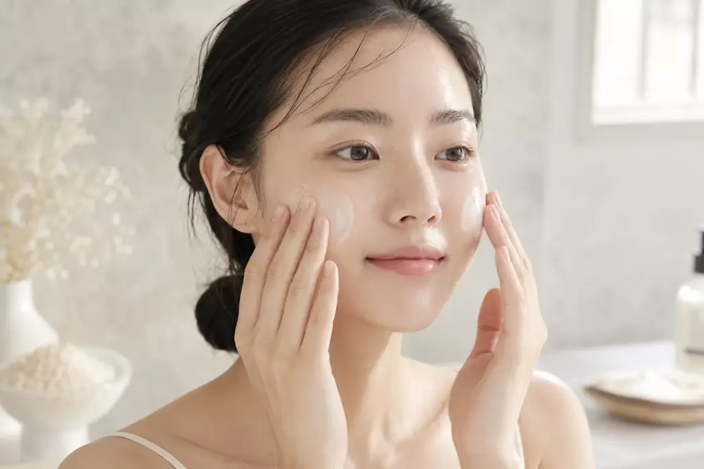 A young woman applying a hydrating toner during her K-Beauty Rice Water Routine for glass skin.