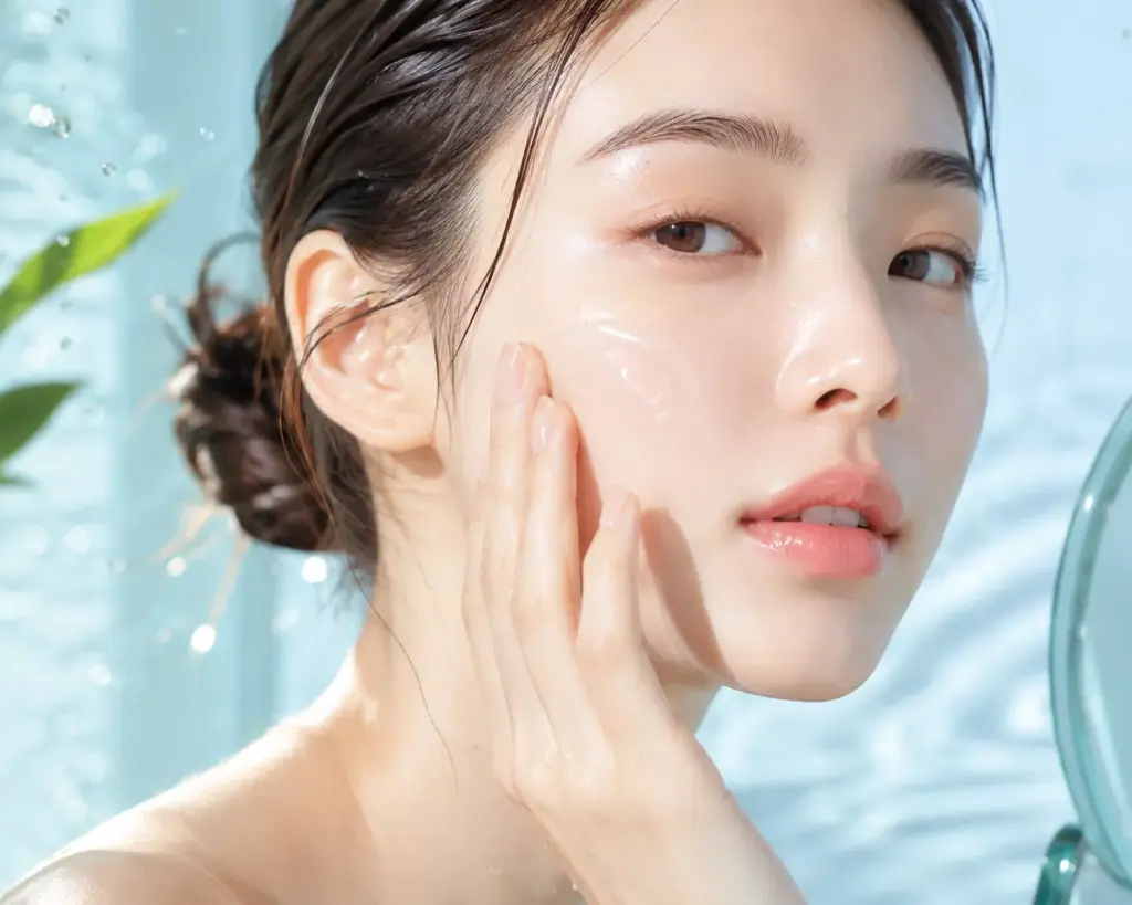 Skin Flooding K-Beauty Routine: How to Deeply Hydrate Without Clogging Pores 2 A young woman applying a hydrating serum for her skin flooding k-beauty routine.
