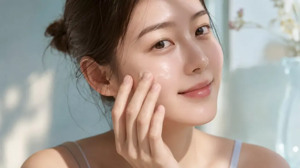 A young woman applying a cooling water-gel cream as part of her Thermal Aging Skincare routine.